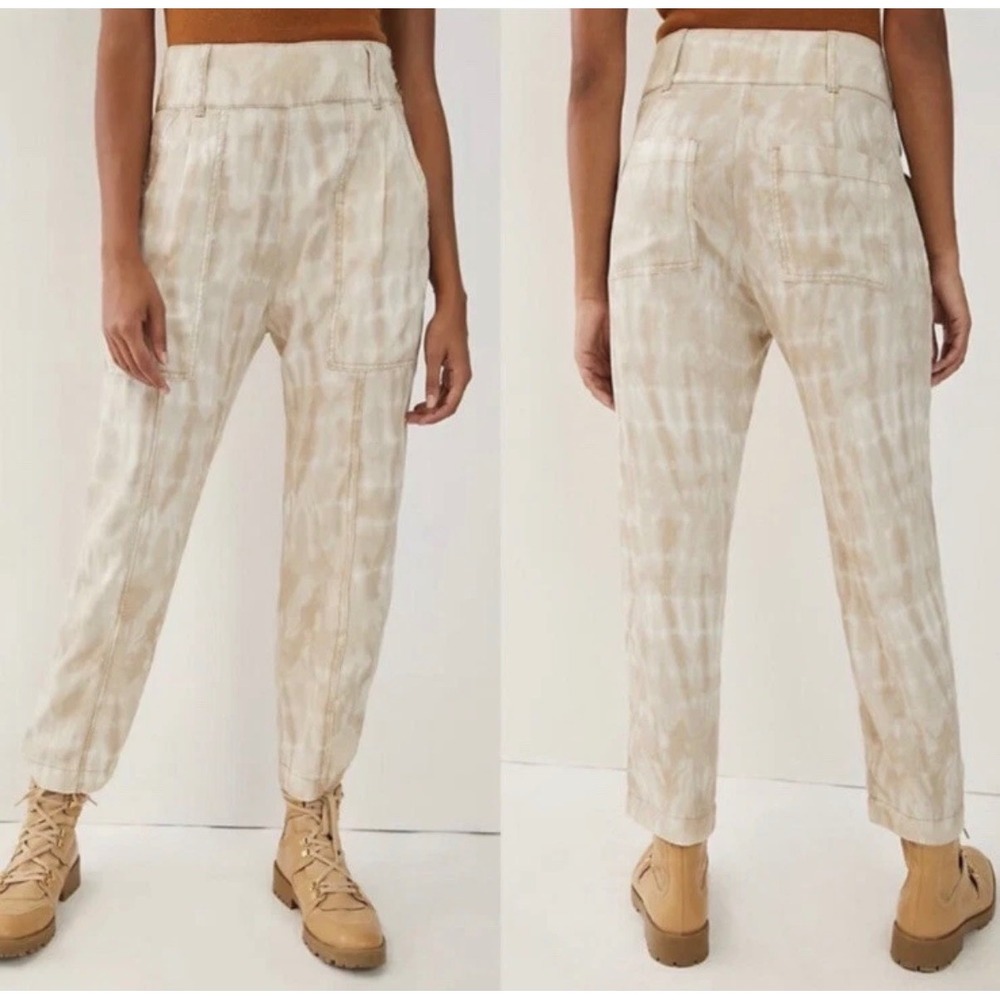 Anthropologie Mitra Relaxed Tie Dye Pant Tan White Lyocell High Rise 12 NEW